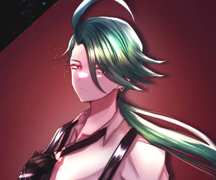 HD PC desktop wallpaper: stylized green-haired character portrait from the video game Pokémon Scarlet and Violet on a red backdrop.