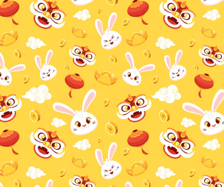 HD PC desktop wallpaper featuring cheerful rabbit faces, lion dance masks, lanterns, gold ingots, and clouds on a bright yellow background celebrating Chinese New Year.