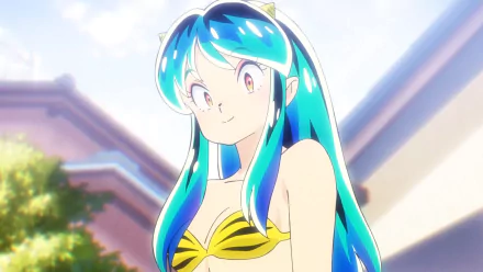 HD anime desktop wallpaper featuring Lum from Urusei Yatsura (2022) with vibrant blue hair and her iconic tiger-striped bikini against a bright outdoor background.