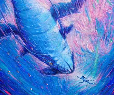 HD PC desktop wallpaper from the movie Avatar: The Way of Water, depicting an underwater scene with a large sea creature and a small figure surrounded by vibrant blue and pink hues.