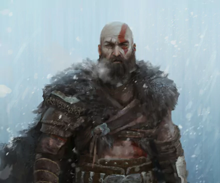 HD PC desktop wallpaper featuring Kratos from the video game God of War: Ragnarök, depicted in detailed armor with a snowy, atmospheric background.
