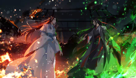 Anime HD desktop wallpaper featuring Wei Wuxian and Lan Wangji from Mo Dao Zu Shi, surrounded by contrasting flames and mystical green energy.