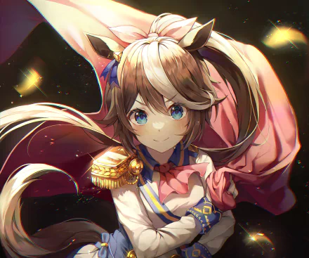 4K Ultra HD desktop wallpaper of Tokai Teio from the anime Uma Musume: Pretty Derby, featuring her dynamic pose and detailed costume against a glowing background.