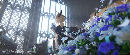 Lumine from Genshin Impact stands in a sunlit room filled with blue and white flowers, captured in an HD PC desktop wallpaper from the popular video game.