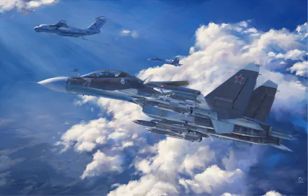 HD desktop wallpaper featuring military Sukhoi Su-30 fighter jets soaring through a vibrant blue sky with scattered clouds.