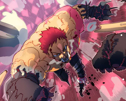 HD PC desktop wallpaper featuring Charlotte Katakuri from the anime One Piece in an intense battle scene with dynamic action and vivid colors.