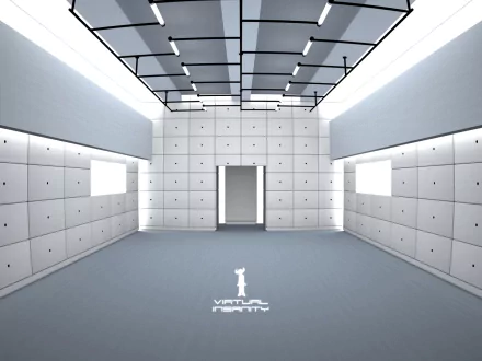 A sleek, futuristic room with a minimalist design, featuring white walls and bright lighting. The image, inspired by Jamiroquai's aesthetic, serves as a vibrant HD desktop wallpaper.