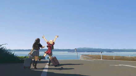 Takina Inoue and Chisato Nishikigi from Lycoris Recoil stand with luggage by a waterfront, depicted in vibrant anime style for an 8K Ultra HD PC desktop wallpaper.