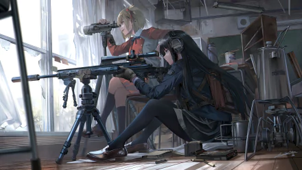HD desktop wallpaper featuring Chisato Nishikigi and Takina Inoue from the anime Lycoris Recoil, depicted in an intense scene with firearms and a focused atmosphere.