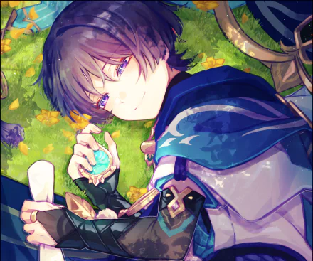 HD PC desktop wallpaper featuring Scaramouche from the video game Genshin Impact, depicted with purple hair and intricate clothing against a vibrant, nature-inspired background.