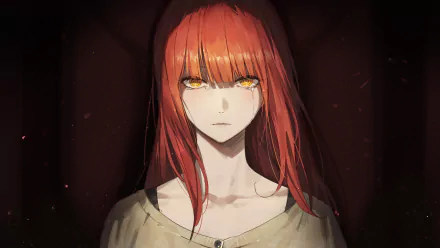 Makima from Chainsaw Man with striking orange eyes and red hair in a dark, moody anime style, rendered as a 4K Ultra HD PC desktop wallpaper and background.