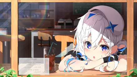Amane Kanata (hololive) anime Virtual YouTuber leaning on a cafe counter with white hair and blue eyes, wistful expression — vivid 4K Ultra HD PC desktop wallpaper background.