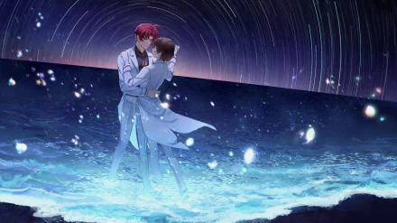 HD anime desktop wallpaper featuring Sakunosuke Oda and Osamu Dazai from Bungou Stray Dogs, standing close amidst a starry sky with swirling light trails.