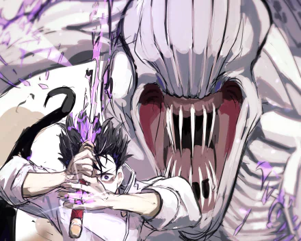 Yuta Okkotsu (Anime, Jujutsu Kaisen 0) 2K Quad HD desktop wallpaper: Yuta channels purple cursed energy as a towering skull-like cursed spirit with rows of sharp teeth looms behind him.