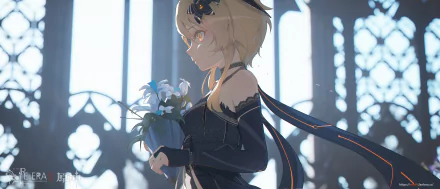HD PC desktop wallpaper featuring Lumine from the video game Genshin Impact, depicted in a detailed, atmospheric scene holding white flowers with soft lighting.