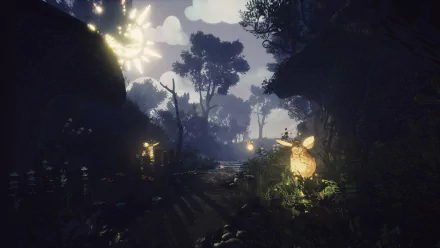 HD desktop wallpaper featuring a mystical forest scene with sunlight piercing through the trees, tagged with Blacktail.