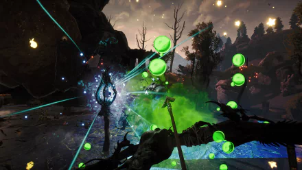 A vibrant HD desktop wallpaper from the video game Blacktail, featuring a dynamic scene with glowing green orbs, magical effects, and an immersive fantasy landscape.