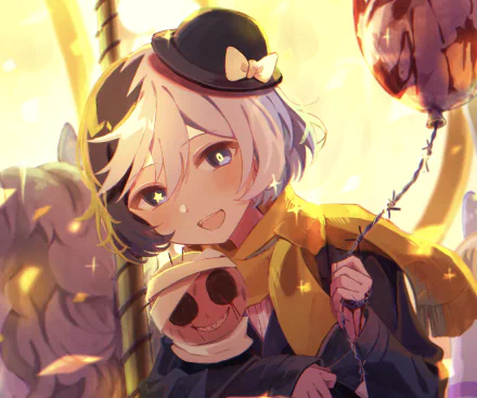 HD anime desktop wallpaper featuring Kyūsaku Yumeno from Bungou Stray Dogs, with a warm, glowing background and playful expression holding a balloon and a skull prop.