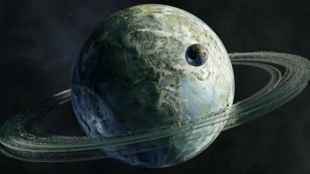 HD desktop wallpaper of a sci-fi themed planet with detailed rings, set against a dark starry space background.