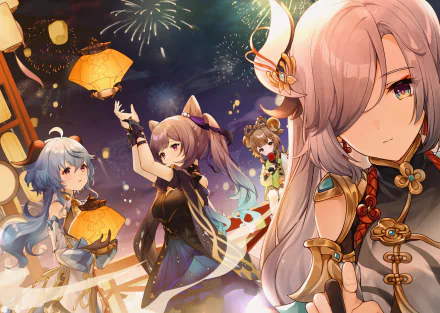 HD PC desktop wallpaper featuring Genshin Impact characters Yaoyao, Shenhe, Keqing, and Ganyu celebrating with lanterns and fireworks at night.