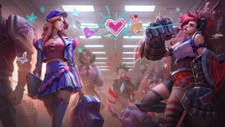 4K Ultra HD League of Legends wallpaper featuring characters Caitlyn and Vi in vibrant, dynamic poses with colorful graffiti-style icons in a futuristic setting.