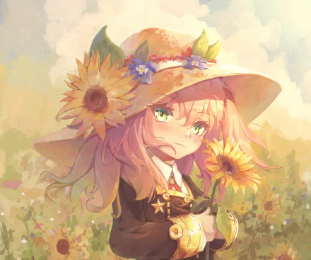 Anya Forger from Spy x Family in a soft, painterly anime style wearing a floral hat with sunflowers, captured in an HD PC desktop wallpaper background.