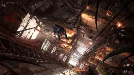 A dynamic HD wallpaper from the video game Uncharted 2: Among Thieves, featuring a character navigating a dramatic, industrial setting filled with dramatic lighting and details.