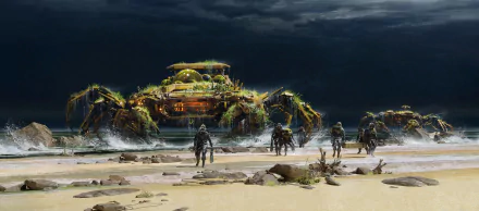 A sci-fi scene featuring a massive, intricate robot emerging from the sea, with several armored figures on a beach. HD desktop wallpaper and background.