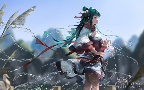 8K Ultra HD PC desktop wallpaper/background: fantasy woman with teal hair and flowing robes, summoning swirling water and petals before misty mountain peaks.