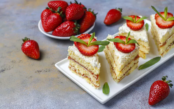 5K Ultra HD PC desktop wallpaper of food, dessert: three triangular strawberry shortcake slices topped with halved strawberries and mint on a white platter, whole berries scattered on a gray surface.