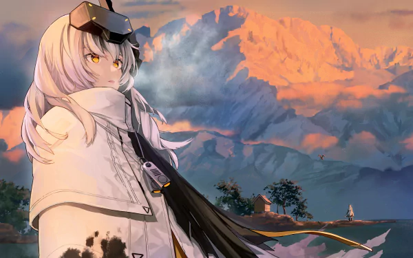 4K Ultra HD PC desktop wallpaper featuring a character from the video game NIKKE Goddess of Victory against a dramatic mountainous landscape at sunset.