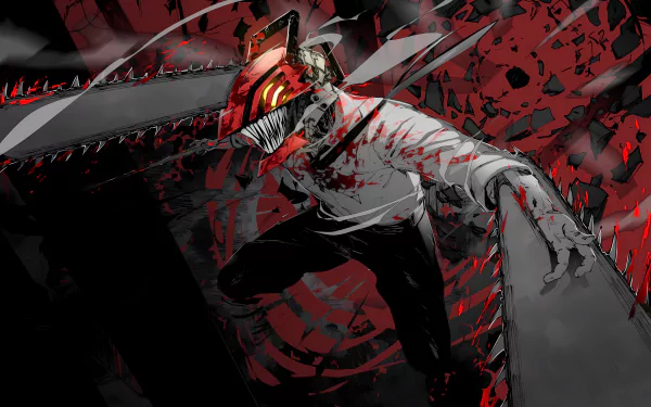 HD desktop wallpaper featuring Denji from the anime Chainsaw Man, showcasing a dynamic and intense action scene with vibrant red and dark tones in the background.