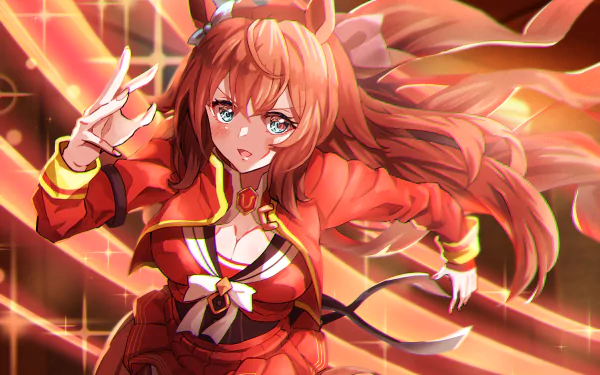 Maruzensky (Uma Musume), Anime, Uma Musume: Pretty Derby — 4K Ultra HD PC desktop wallpaper of her in a red uniform, long flowing hair and glowing golden streaks in a dynamic pose.