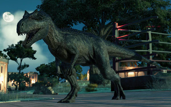 HD PC desktop wallpaper from the video game Jurassic World Evolution 2, featuring a large dinosaur under moonlight in a detailed nighttime environment.