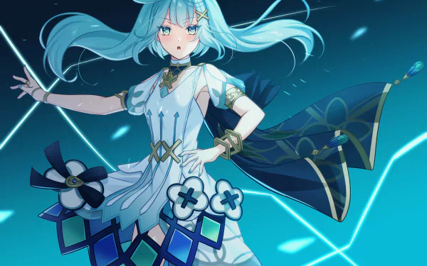 Faruzan (Genshin Impact) with teal hair and white-blue dress, cape flowing, arm extended amid glowing cyan lines — 2K Quad HD PC desktop wallpaper/background from the Genshin Impact video game.