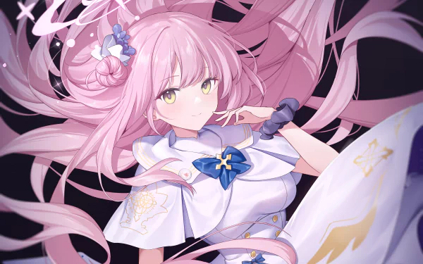 2K Quad HD PC wallpaper of Misono Mika from the video game Blue Archive — long pink hair, yellow eyes, white sailor-style outfit with blue bow, flowing ribbons against a dark backdrop.