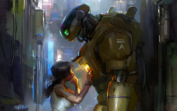 HD sci-fi desktop wallpaper depicting a friendly robot gently interacting with a young girl in a neon-lit, futuristic urban alley.