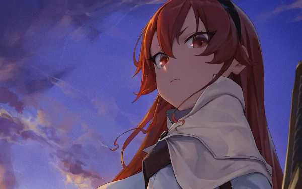 Eris Boreas Greyrat from Mushoku Tensei: Jobless Reincarnation stands against a vivid evening sky in this HD anime desktop wallpaper.