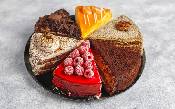 HD PC desktop wallpaper featuring a variety of richly decorated cake slices arranged in a circle on a gray surface.