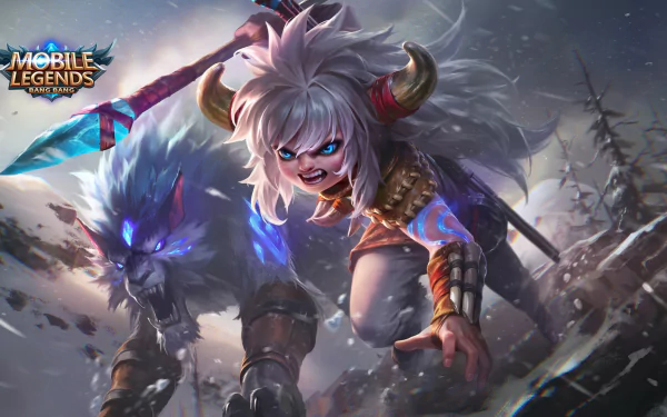 HD PC desktop wallpaper of the video game Mobile Legends: Bang Bang showing Popol and his wolf Kupa lunging through a snowy battlefield in fierce, dynamic fantasy action.