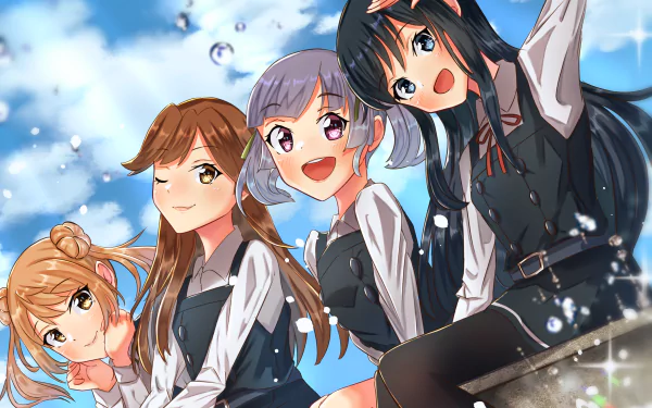 Four anime girls from Kantai Collection (Kancolle) - Arashio, Asashio, Michishio, and Ooshio, featured in a vibrant and detailed HD desktop wallpaper background.