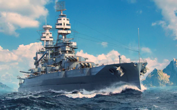 A grand navy battleship sailing under a dramatic sky, captured in high definition for a striking desktop wallpaper.