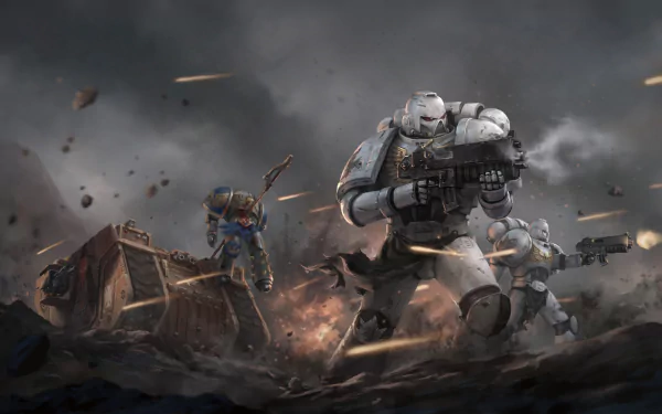 HD Warhammer 40k Space Marine video game wallpaper depicting armored soldiers battling amid explosions and flying debris on a dark, war-torn battlefield.