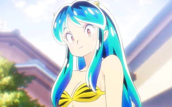 HD anime desktop wallpaper featuring Lum from Urusei Yatsura (2022) with vibrant blue hair and her iconic tiger-striped bikini against a bright outdoor background.
