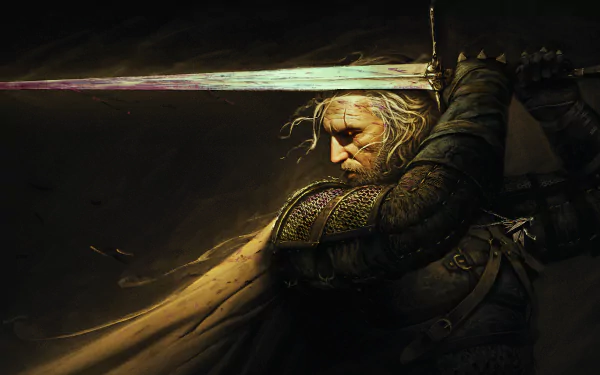 HD desktop wallpaper featuring Geralt of Rivia from the video game The Witcher 3: Wild Hunt, wielding a glowing sword in a dynamic, dark fantasy setting.