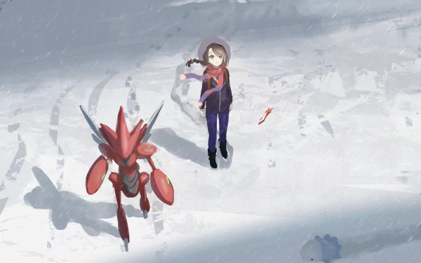 HD PC desktop wallpaper featuring Juliana from the video game Pokémon: Scarlet and Violet standing in the snow alongside her Pokémon Scizor.