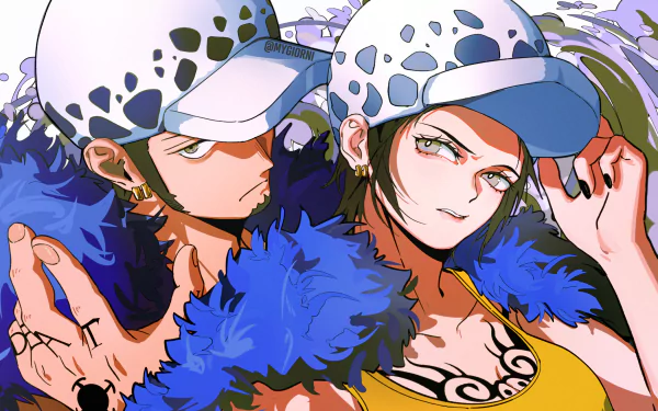 HD PC desktop wallpaper featuring Trafalgar Law from the anime One Piece, showcasing detailed art with his signature spotted hat and blue fur coat.