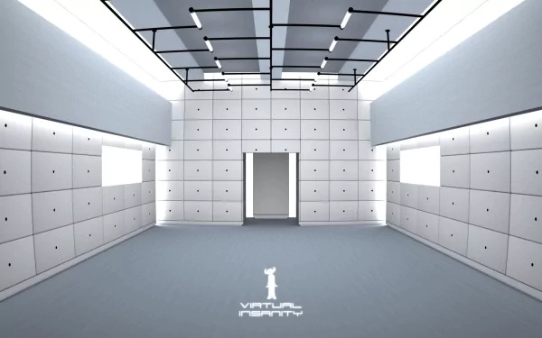 A sleek, futuristic room with a minimalist design, featuring white walls and bright lighting. The image, inspired by Jamiroquai's aesthetic, serves as a vibrant HD desktop wallpaper.