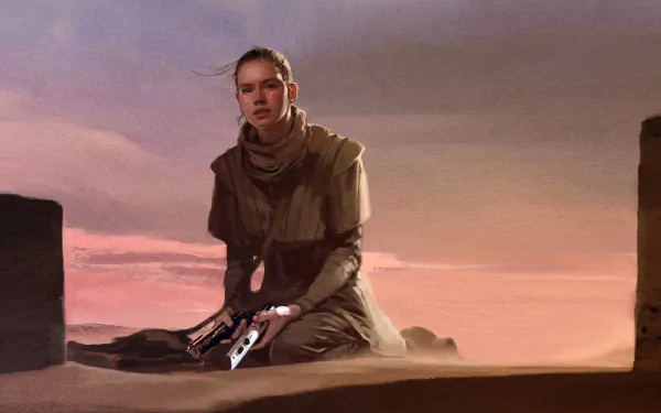 Rey from Star Wars: The Rise of Skywalker featured in a captivating sci-fi desktop wallpaper.