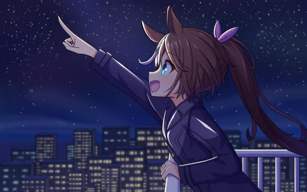 Tokai Teio (Uma Musume: Pretty Derby) — anime 2K Quad HD PC wallpaper: pony-eared girl in a jacket points excitedly at a starry night over a city skyline from a balcony.